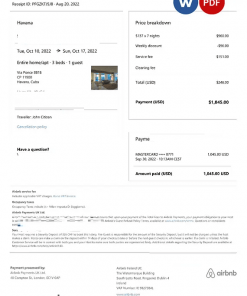 Cuba Airbnb booking confirmation Word and PDF template