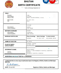 Bhutan vital record birth certificate Word and PDF template, completely editablea