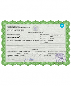 Palau birth certificate PSD template, completely editable