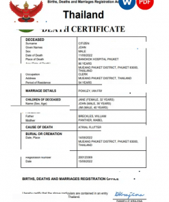 Thailand death certificate Word and PDF template, completely editable