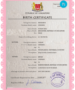 Singapore vital record birth certificate PSD template