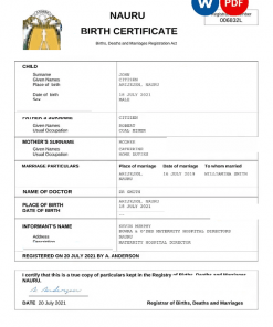 Nauru vital record birth certificate Word and PDF template, completely editable