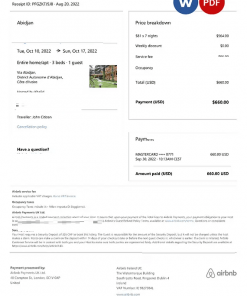 Côte d’Ivoire Airbnb booking confirmation Word and PDF template