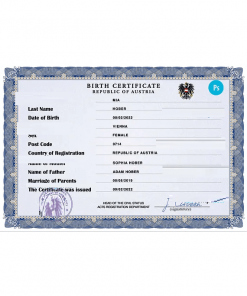 Austria vital record birth certificate PSD template, completely editable