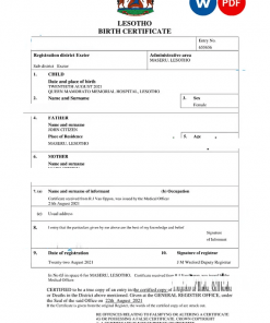 Lesotho birth certificate Word and PDF template, completely editable