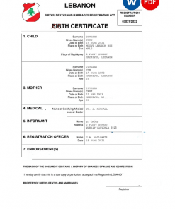 Lebanon vital record birth certificate Word and PDF template, completely editable