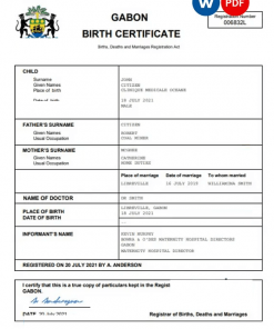 Gabon vital record birth certificate Word and PDF template, completely editable
