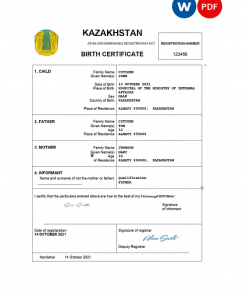 Kazakhstan vital record birth certificate Word and PDF template, completely editable