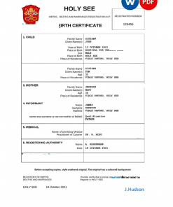 Holy See vital record birth certificate Word and PDF template, completely editable