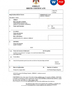 Jordan birth certificate Word and PDF template, completely editable