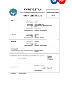 Kyrgyzstan birth certificate Word and PDF template, completely editable