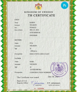 Sweden vital record birth certificate PSD template, fully editable