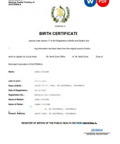 Guatemala birth certificate Word and PDF template, completely editable