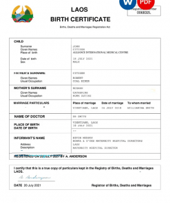 Laos birth certificate Word and PDF template, completely editable