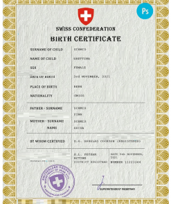 Switzerland vital record birth certificate PSD template