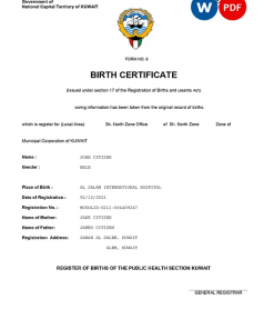 Kuwait vital record birth certificate Word and PDF template, completely editable