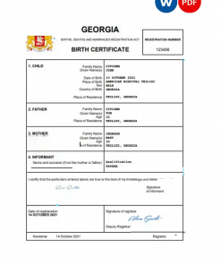 Georgia vital record birth certificate Word and PDF template, completely editable