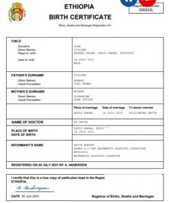 Ethiopia vital record birth certificate Word and PDF template, completely editable