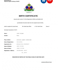 Haiti vital record birth certificate Word and PDF template, completely editable