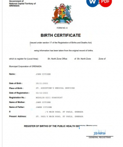 Grenada vital record birth certificate Word and PDF template, completely editable