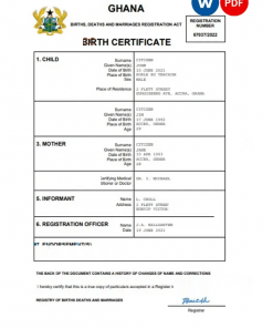 Ghana vital record birth certificate Word and PDF template, completely editable