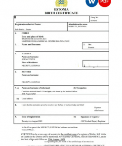 Estonia vital record birth certificate Word and PDF template, completely editable