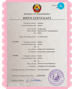 Mozambique birth certificate PSD template, completely editable