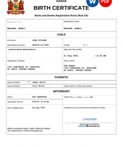 Hawaii birth certificate Word and PDF template, completely editable