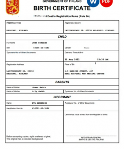 Finland vital record birth certificate Word and PDF template, completely editable