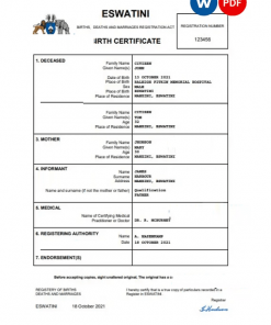 Eswatini birth certificate Word and PDF template, completely editable