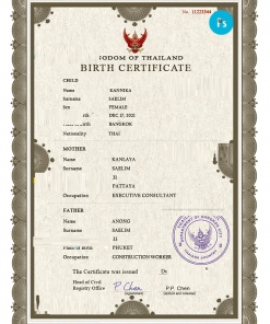 Thailand vital record birth certificate PSD template, fully editable