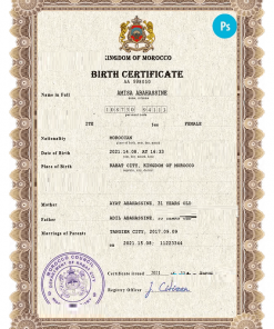 Morocco vital record birth certificate PSD template, fully editable