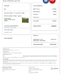 Ecuador Airbnb booking confirmation Word and PDF template