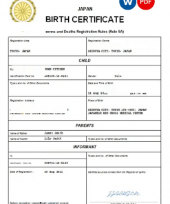 Japan birth certificate Word and PDF template, completely editable
