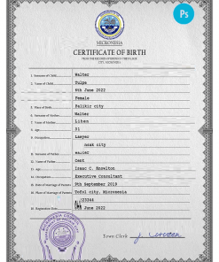 Micronesia birth certificate PSD template, completely editable