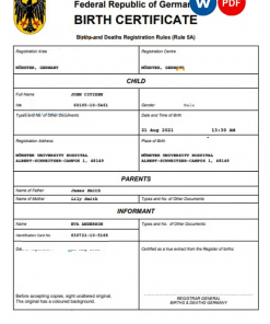Germamny vital record birth certificate Word and PDF template, completely editable