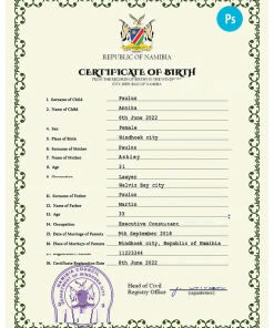 Namibia vital record birth certificate PSD template, fully editable