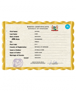 Suriname birth certificate PSD template, completely editable