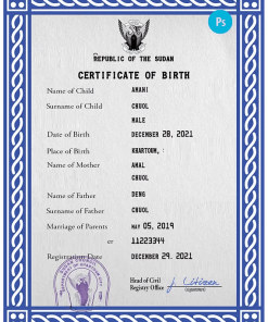 Sudan vital record birth certificate PSD template