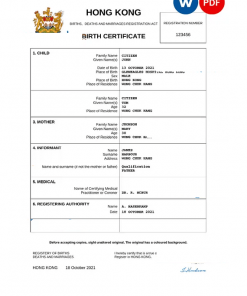 Hong Kong birth certificate Word and PDF template, completely editable