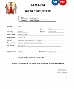 Jamaica vital record birth certificate Word and PDF template, completely editable