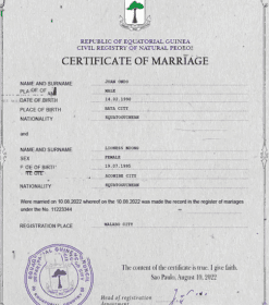 Equatorial Guinea marriage certificate PSD template, fully editable