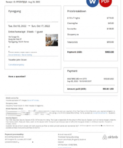 North Korea Airbnb booking confirmation Word and PDF template