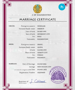Kazakhstan marriage certificate PSD template, completely editable