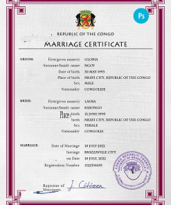 Congo, Republic of the marriage certificate PSD template, completely editable