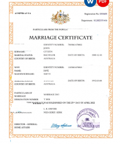 Australia marriage certificate Word and PDF template, completely editable