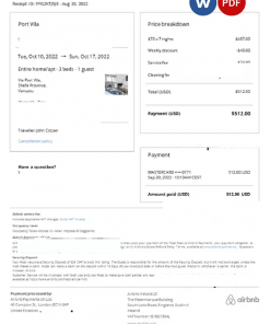 Vanuatu Airbnb booking confirmation Word and PDF template