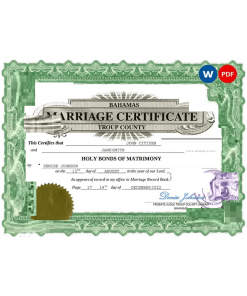 Bahamas marriage certificate Word and PDF template, completely editable