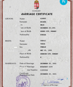 Hungary marriage certificate PSD template, fully editable