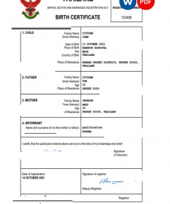 Thailand vital record birth certificate Word and PDF template, completely editable